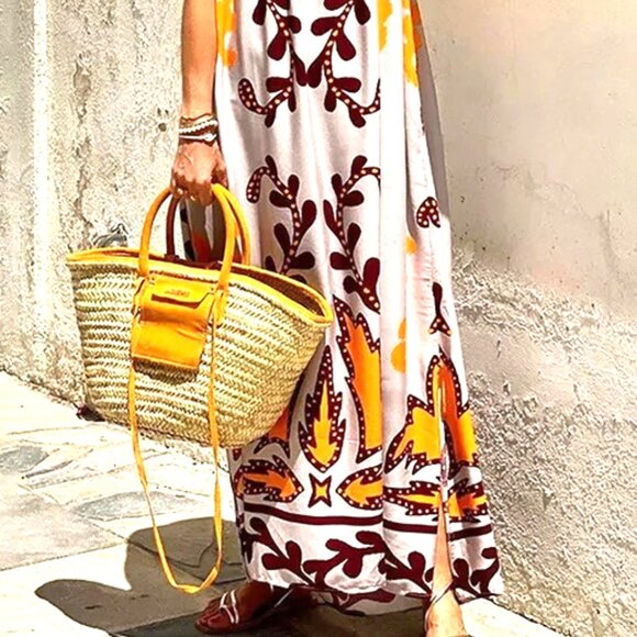 BROWN ORANGE AND PALE PINK LOOSE WHITE FLORAL HALTER BACK LACE MAXI DRESS - Picture 2 of 3